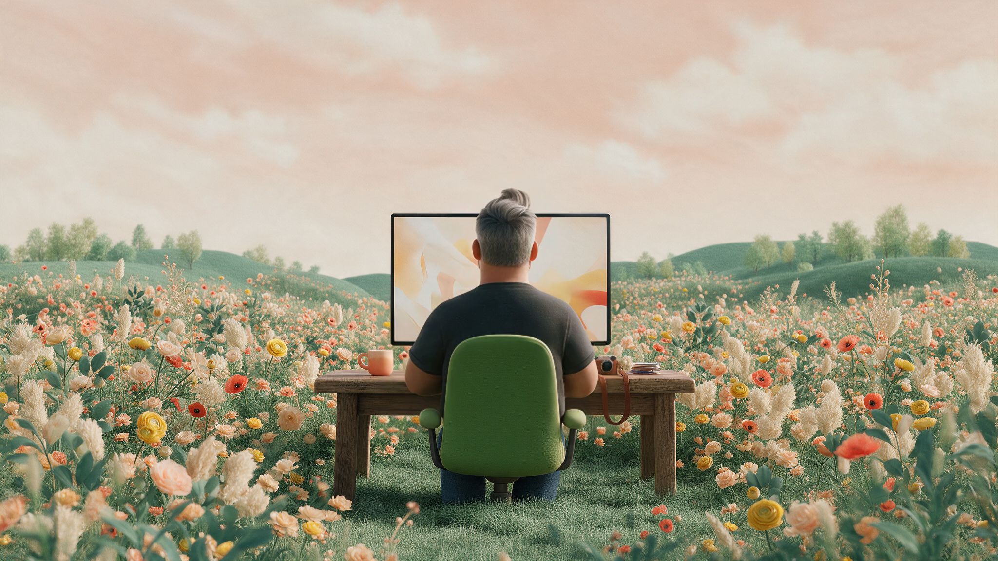 Ein Mann sitzt, von hinten gesehen, auf einem grünen Bürostuhl an einem Holztisch mitten in einem Blumenfeld und arbeitet am Monitor. Neben ihm stehen eine Kaffeetasse und eine kleine Kamera.