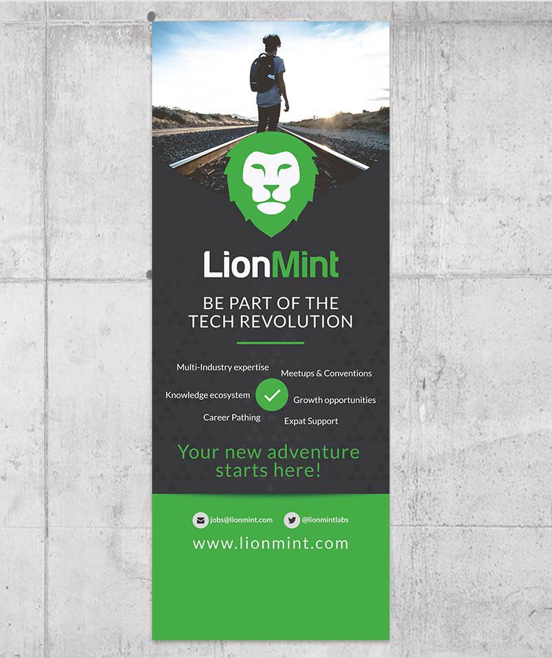 Roll-up für LionMint mit Löwenlogo in Grün und Anthrazit: „Be part of the tech revolution“.