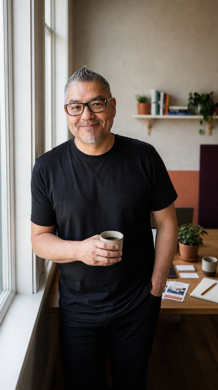 Detlef Chen mit Brille und schwarzem T-Shirt am Fenster seines Arbeitszimmers, eine Tasse Kaffee in der Hand und ein Lächeln im Gesicht. Im Hintergrund ein Schreibtisch mit Flyern, Visitenkarten und Pflanzen und ein Wandregal mit Büchern.
