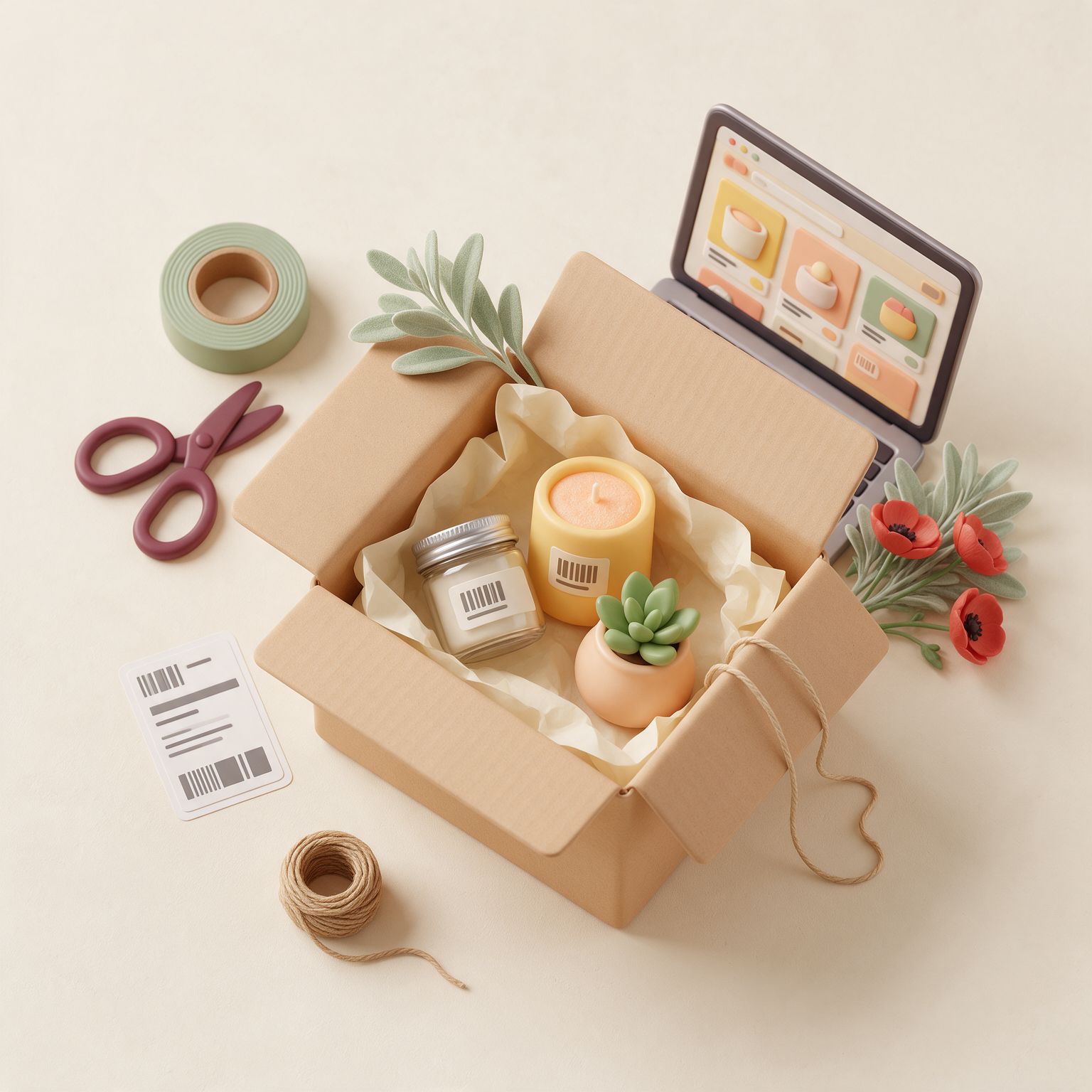 Illustration: Draufsicht auf einen Packtisch mit offener Kraftbox voller kleiner Produkte (Glas, Kerze, Pflanze) in Seidenpapier, daneben Kordel, Versandetikett, Klebeband, Schere und ein Laptop mit einer Shopseite.
