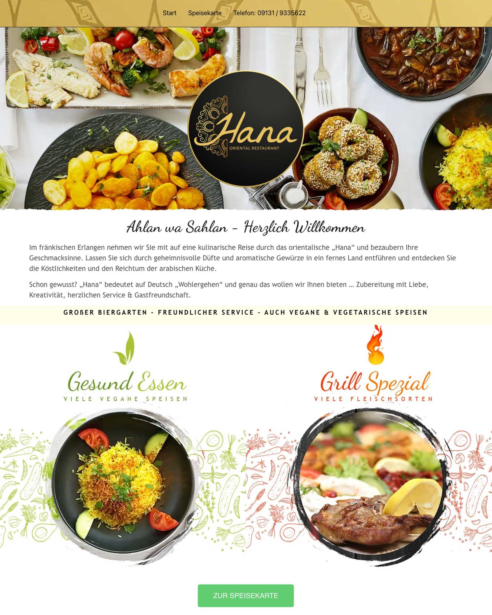 Startseite der Website des Restaurants Hana in Erlangen: gedeckter Tisch mit orientalischen Speisen, rundes Hana-Logo, Begrüßungstext und zwei Bereiche „Gesund Essen“ und „Grill Spezial“.