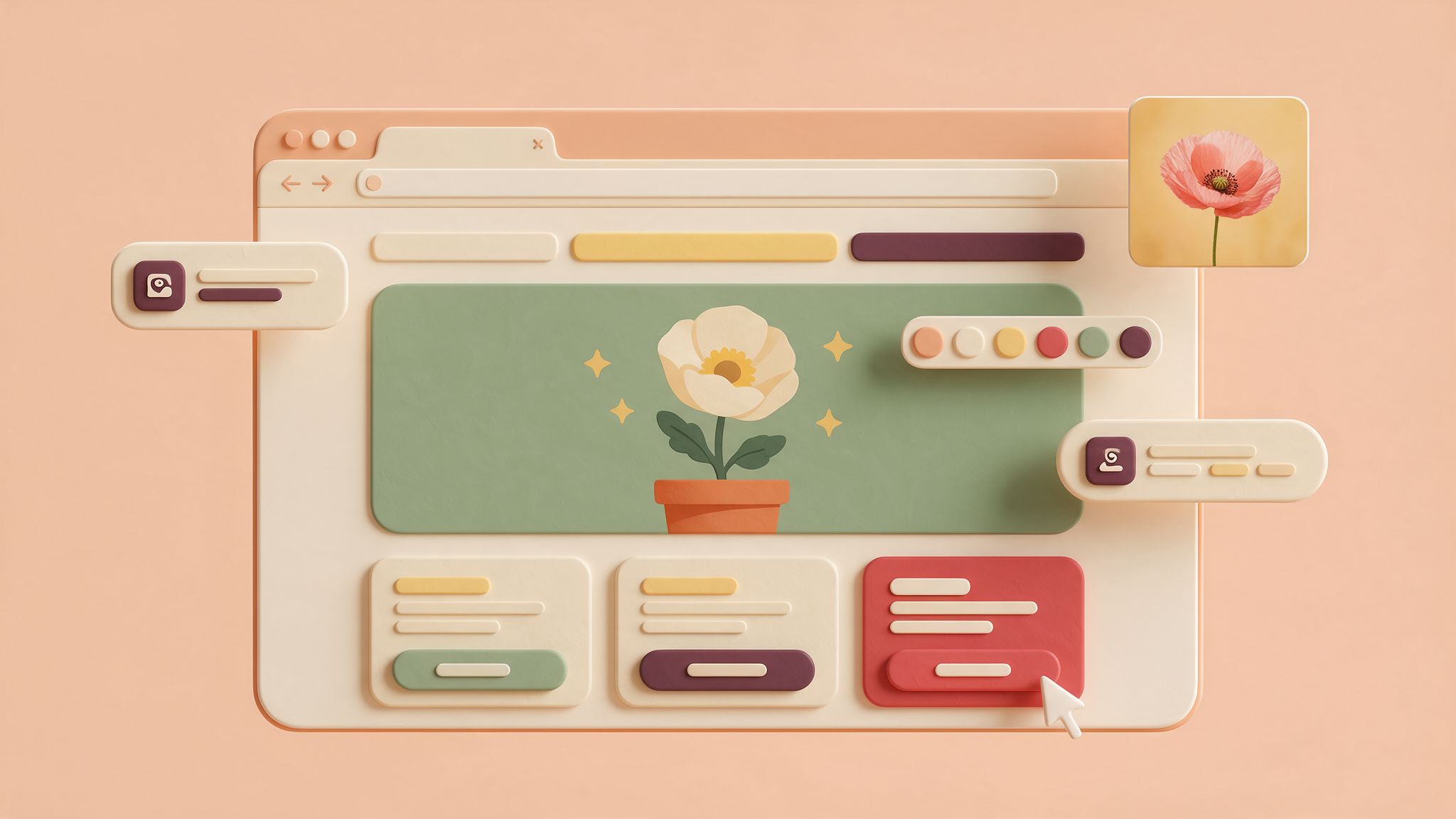 Illustration: schwebende Website-Bausteine im weichen 3D-Look, ein Browserfenster mit Landingpage, Karten, Buttons, Farbmuster und Mauszeiger auf pfirsichfarbenem Grund.